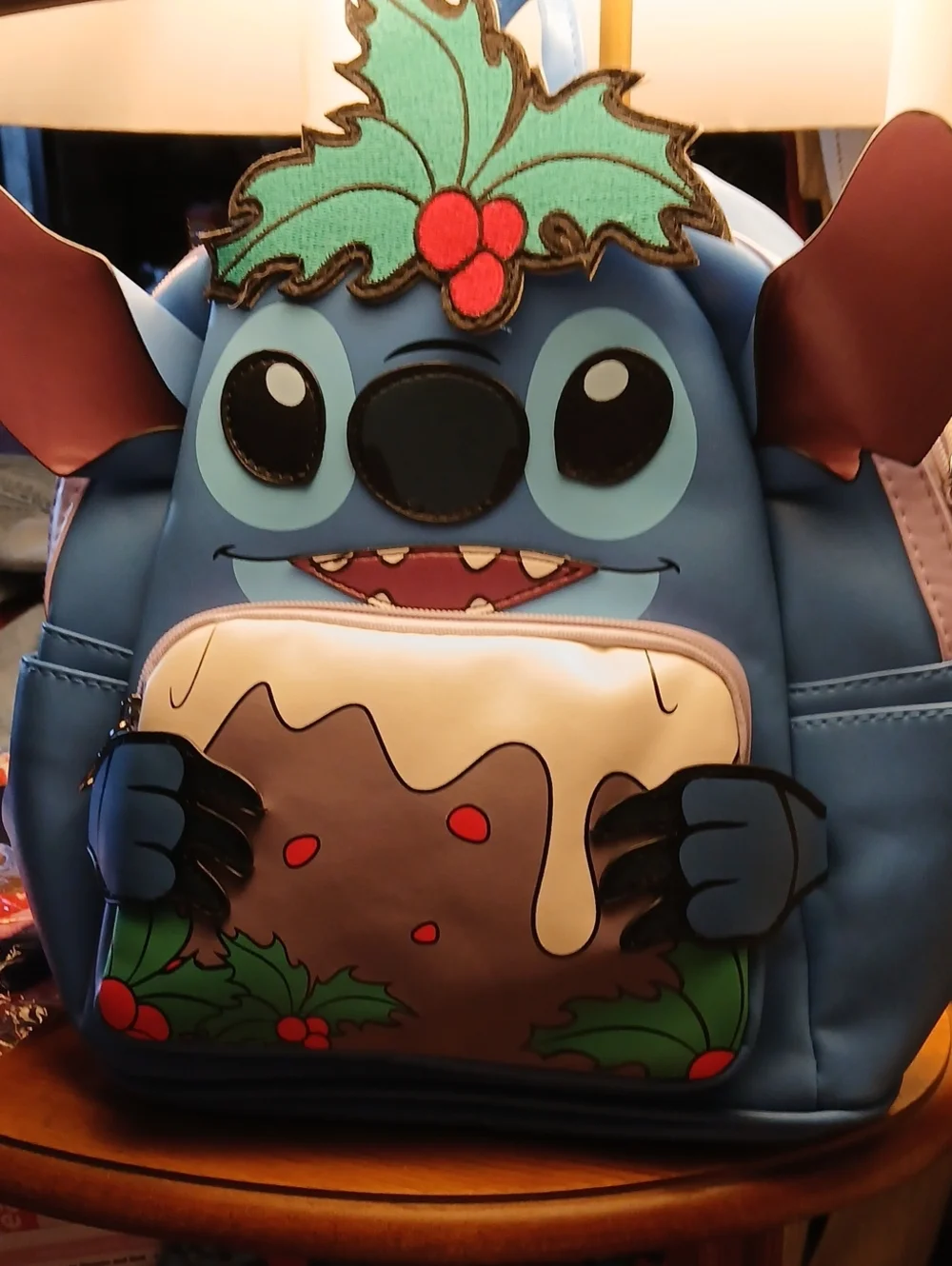 Blue Stitch Holiday Backpack with Holly Accent NWT
